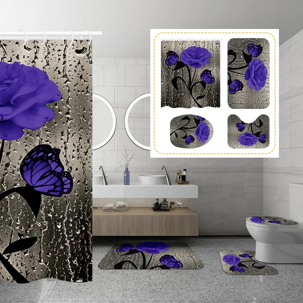 Shower Curtain Set With Bath Mat And Rugs 4 Pieces