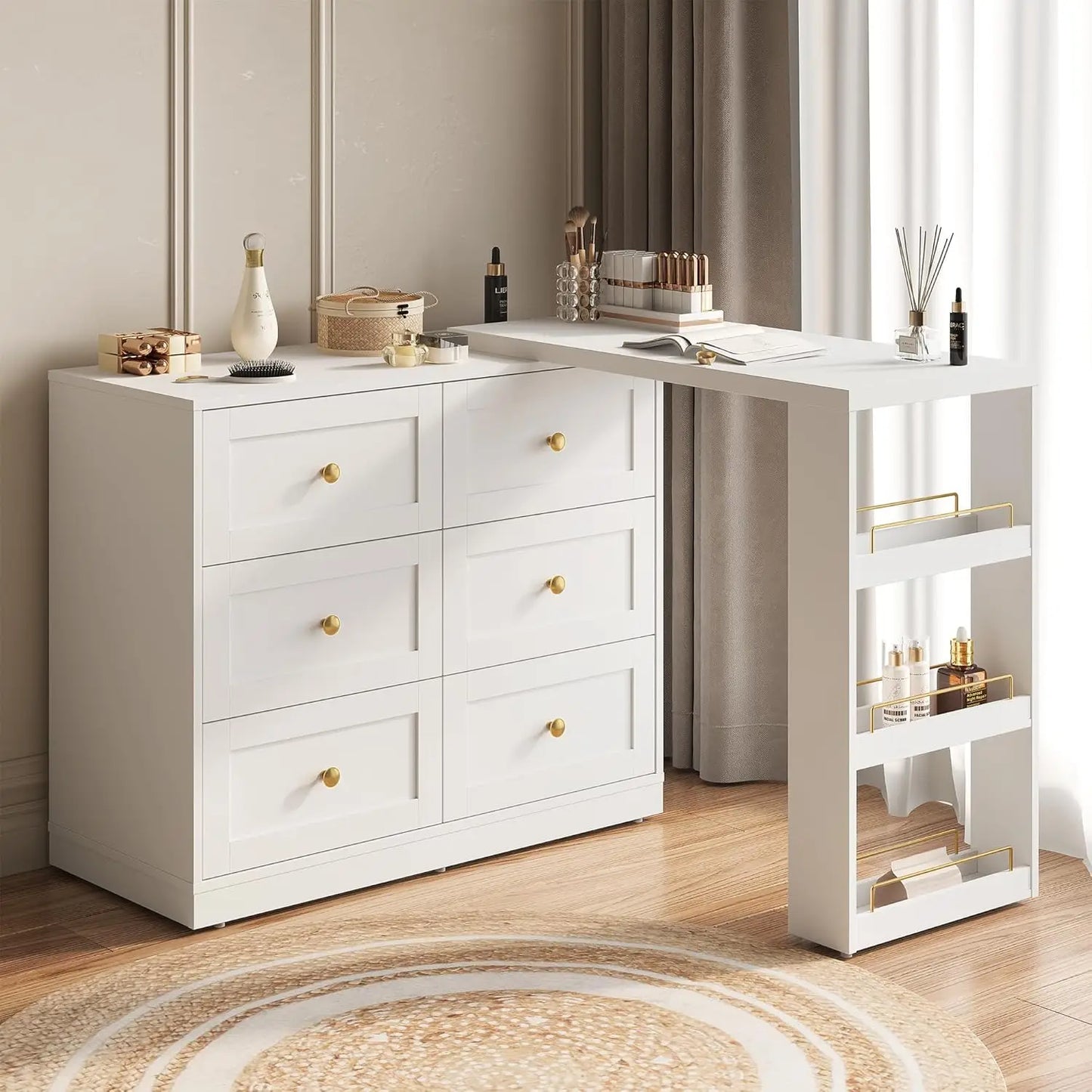 Vanity Desk and Dresser Combo, 67" L Extendable Big Makeup Vainty with 6 Drawer Dresser and 3 Side Shelves, Wood, Customized