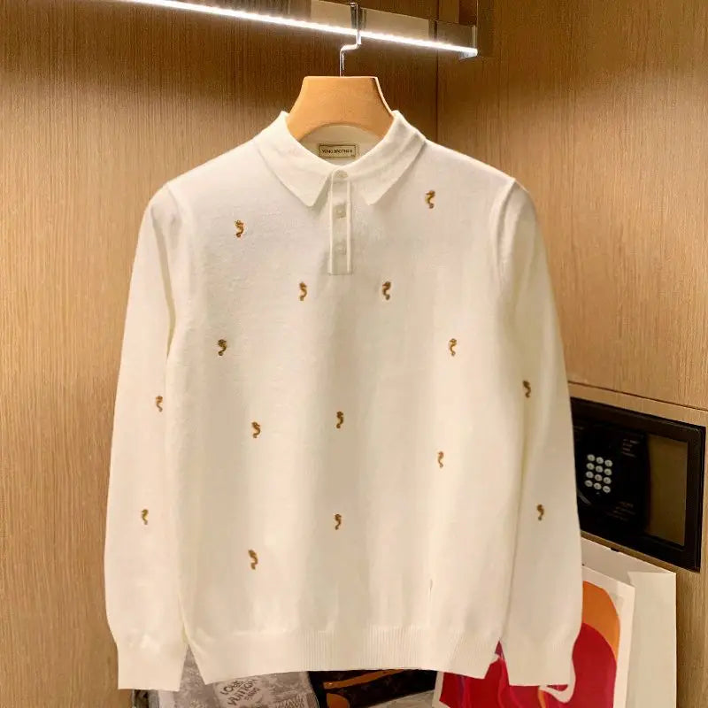 Mens Vintage Seahorse Embroidered Knit Polo Shirt Long Sleeve
