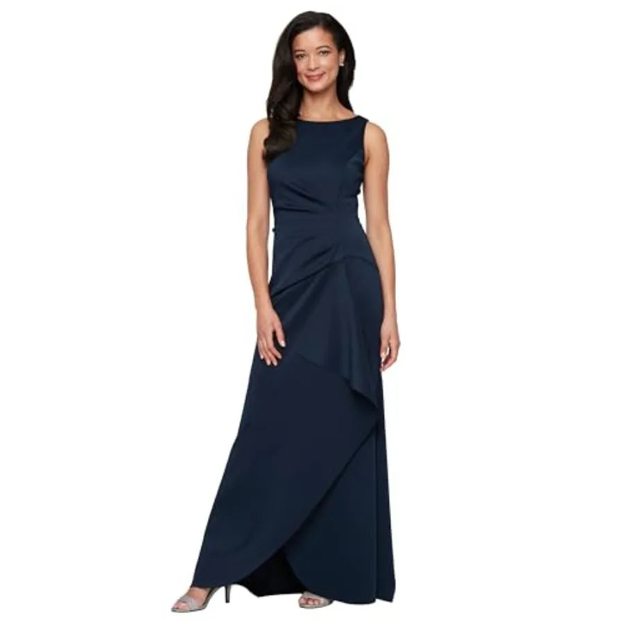 Women's Sleeveless Stretch Scuba Crepe Mother of the Bride Dress with Tucked Waist and Cascade Detail Skirt