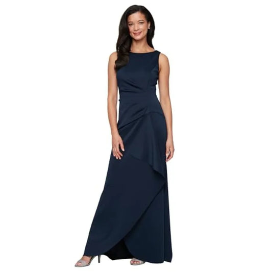 Women's Sleeveless Stretch Scuba Crepe Mother of the Bride Dress with Tucked Waist and Cascade Detail Skirt