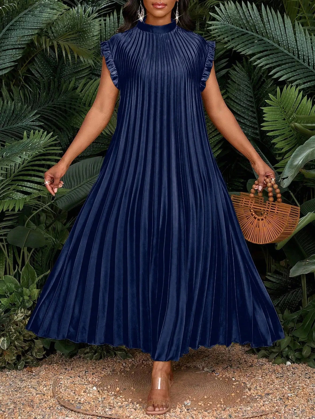 Pleated A-Line Maxi Dress With Stand Collar And Ruffle Cap Sleeves For Party Wedding Beach Event