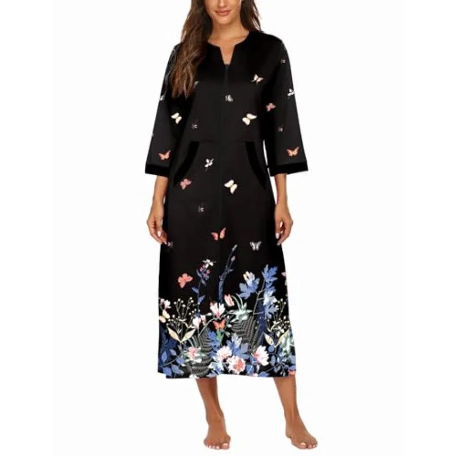 Women Zipper Robe 3/4 Sleeves Loungewear Dress Full Length Sleepwear Pockets Housecoat Nightgown Long Bathrobe