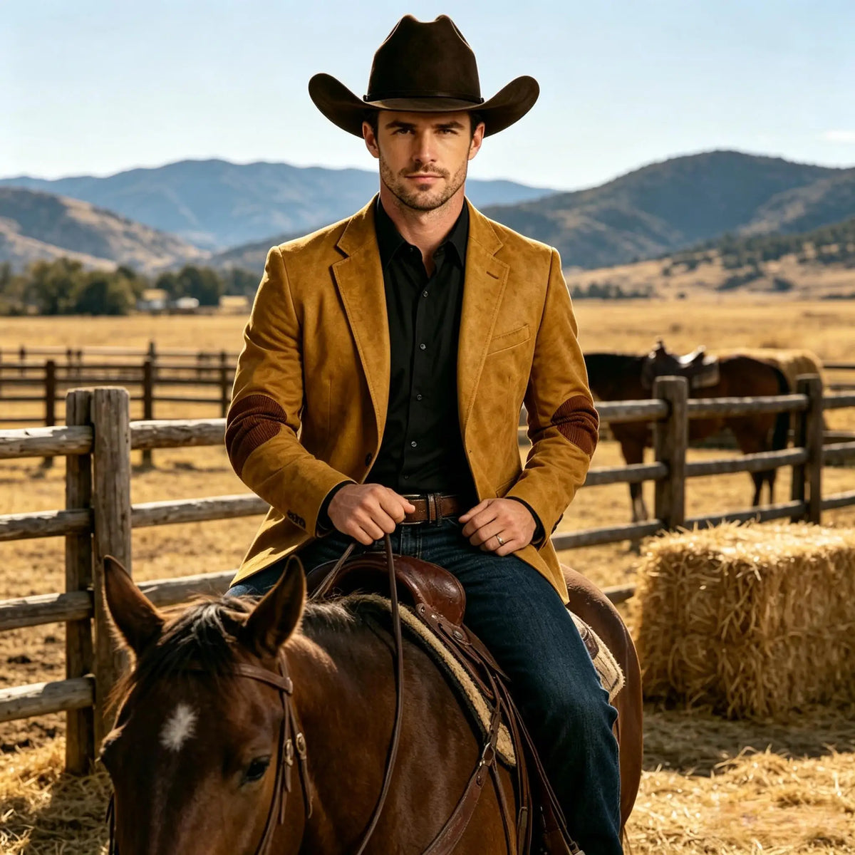 Men's Suede Blazer Western Style Two Button Sport Coat with Elbow Patches Casual Slim Fit Jacket for Business Cowboy Wedding
