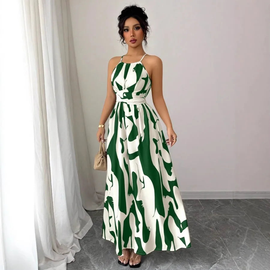 2026 European and American - fashion temperament floral hanging neck long dress