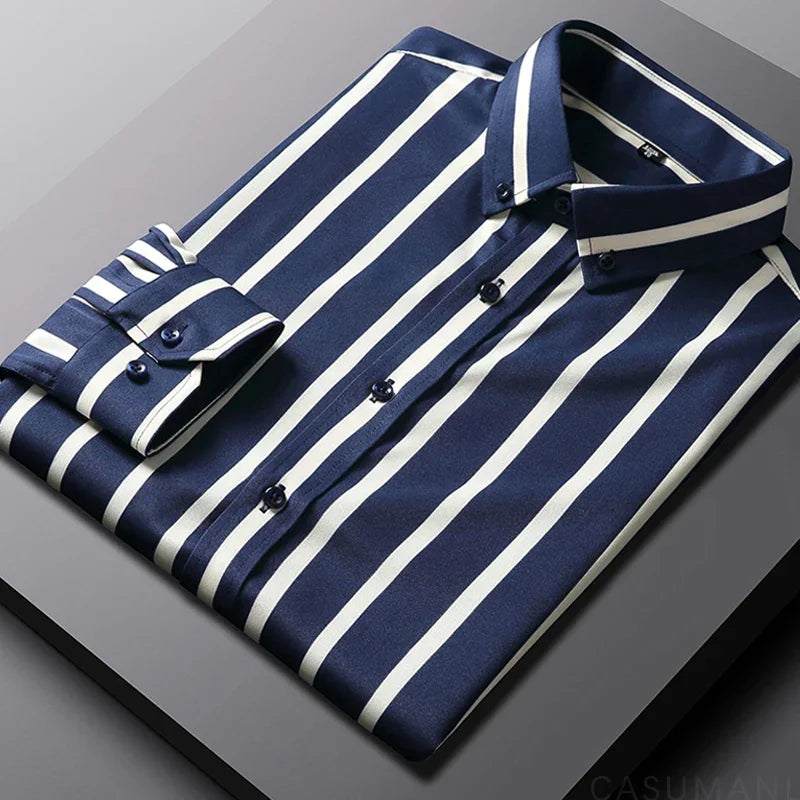 BROWON Brand 2026 Spring Tuxedo Shirt Men Long Sleeve Button Collar Wedding Party Striped Shirt for Man Plus Size 5XL