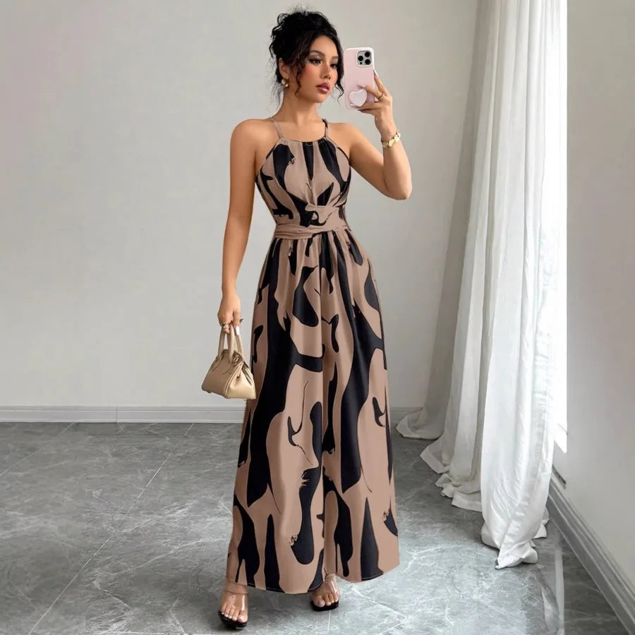 2026 European and American - fashion temperament floral hanging neck long dress