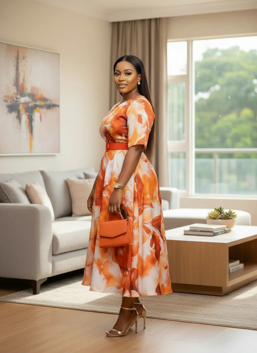 Plus Size Round Neck Short Sleeve Floral Print Midi Swing Dress For Women Wedding Guest Daily Elegant Party Occasions