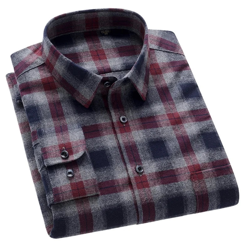 BROWON Men Cotton Plaid Shirt Long Sleeve Slim Fit Business