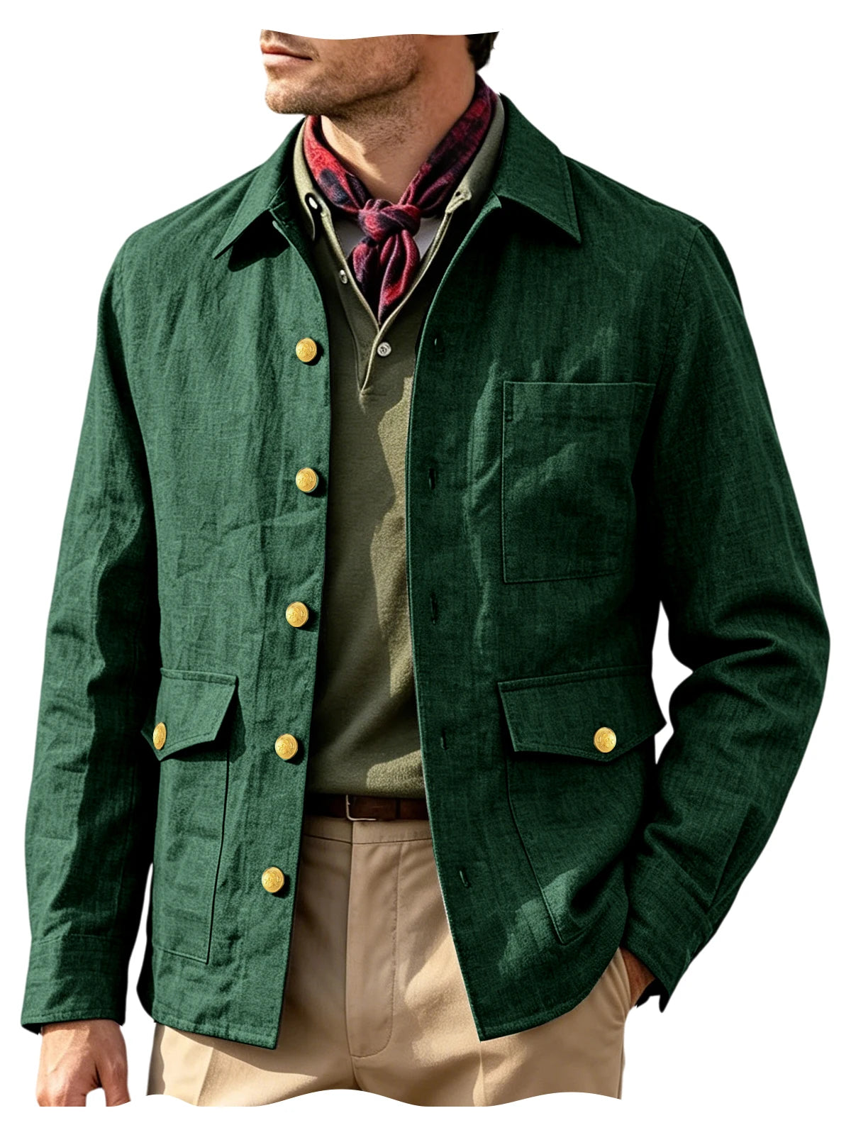 Mens Vintage Linen Jacket With Breathable Gold Button Lapel Design