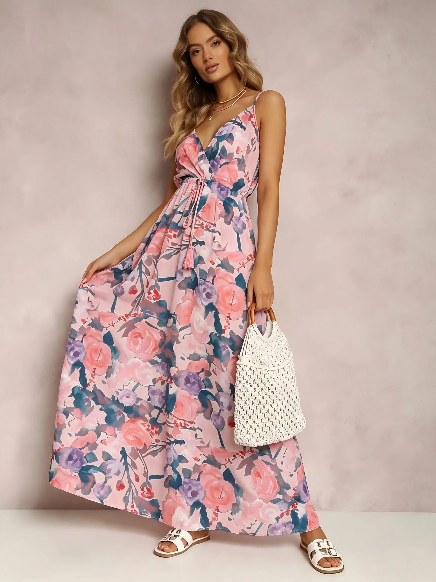 Women Watercolor Floral Print Maxi Dress V Neck Spaghetti Strap Tassel Tie Waist Smocked Back Summer Beach Holiday Casual Long Sundress