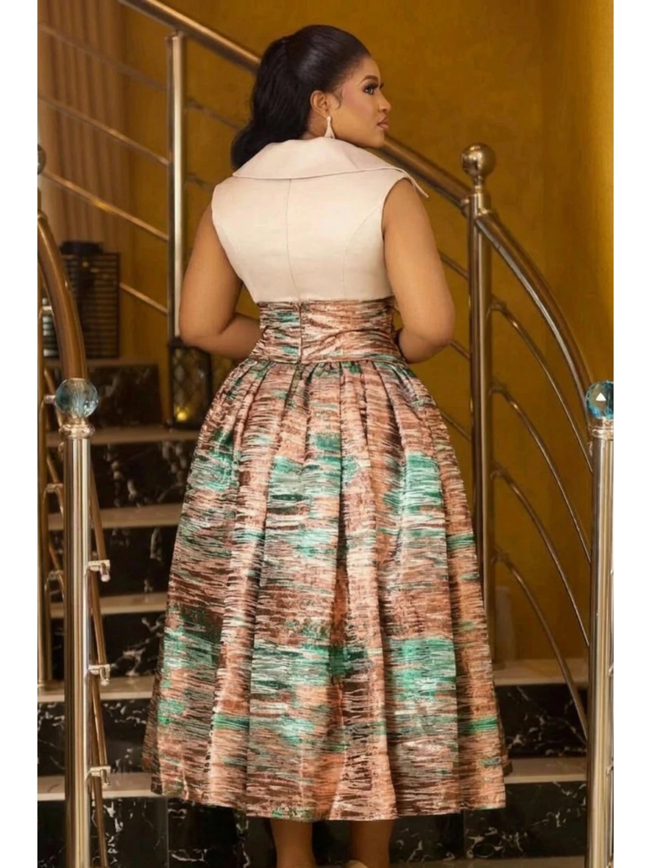 Women's Plus Size Sleeveless Lapel Button Top + High Waist Printed Pleated Midi Skirt Set, Elegant Formal Matching Outfit