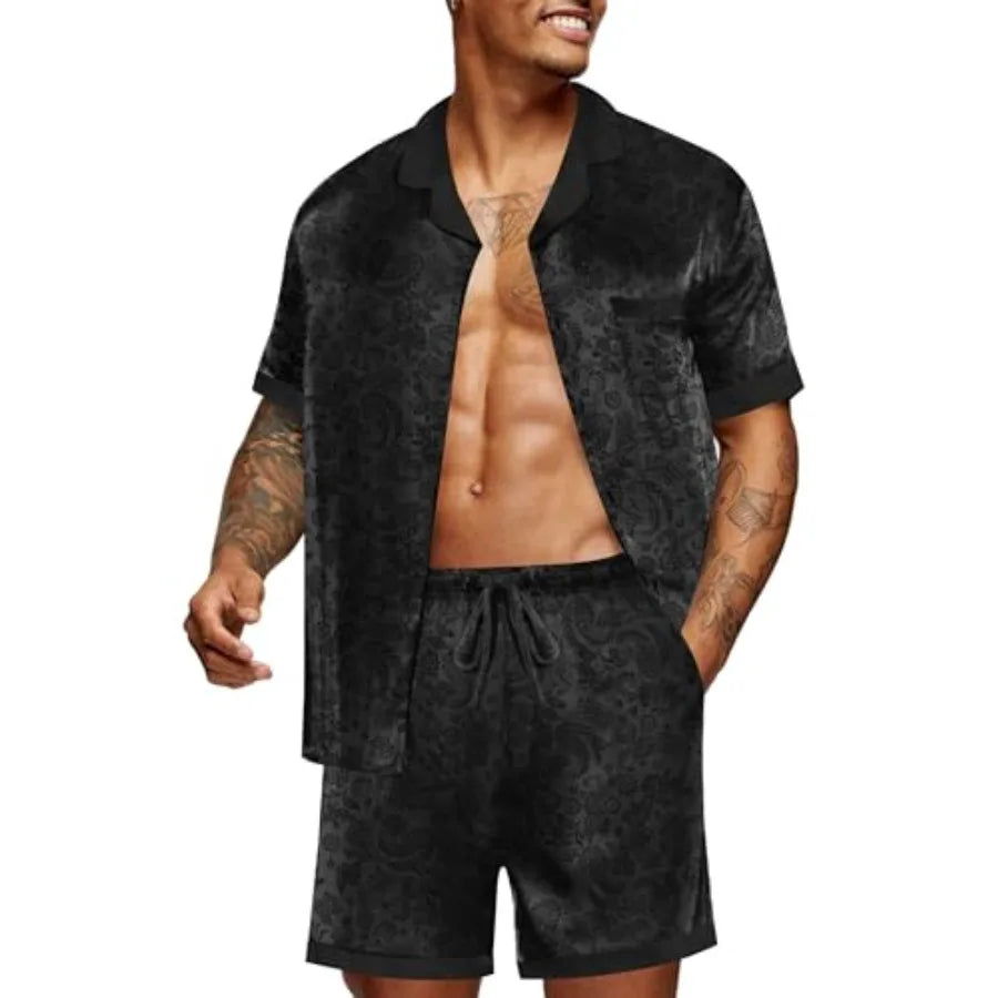 Men Satin Silk Pajamas Set with Pockets Sleepwear Shorts Satin Summer Loungewear 2 Pcs Button Down Set S-3XL