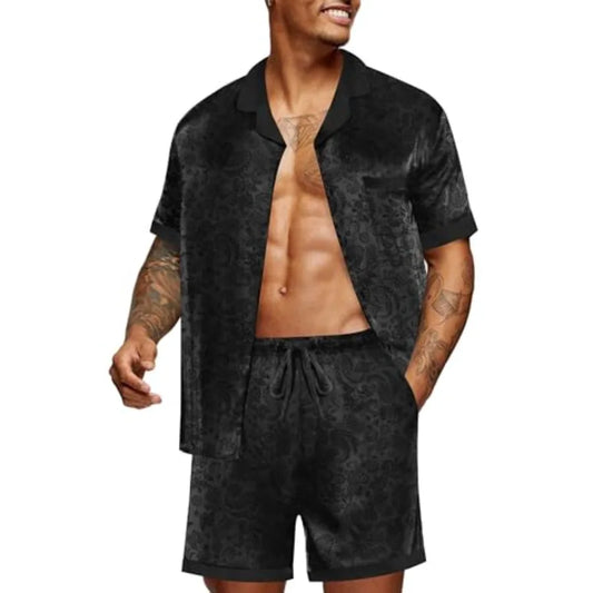 Men Satin Silk Pajamas Set with Pockets Sleepwear Shorts Satin Summer Loungewear 2 Pcs Button Down Set S-3XL