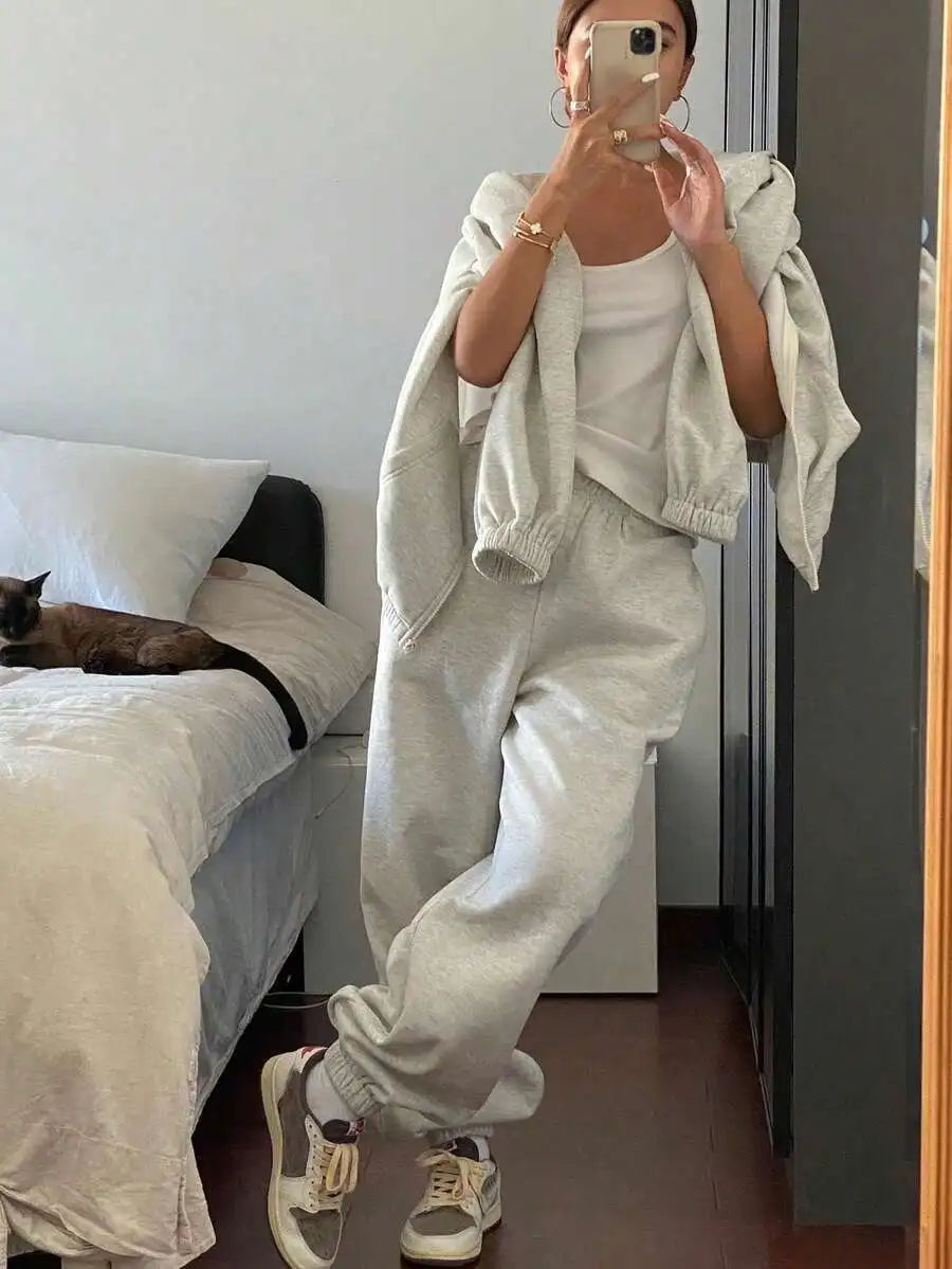 Women Loose Solid Color Drop Shoulder Long Sleeve Hoodie And Sweatpants Thermal Lined Tracksuit Set Autumn Winter