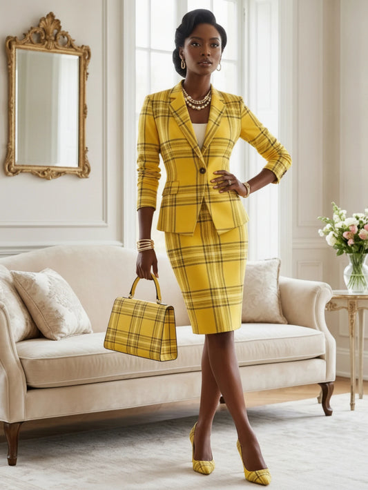Women's Lapel Single Button Three Quarter Plaid Blazer Matching Pencil Midi Skirt For Office Business Daily Working Formal Fashion Occasions