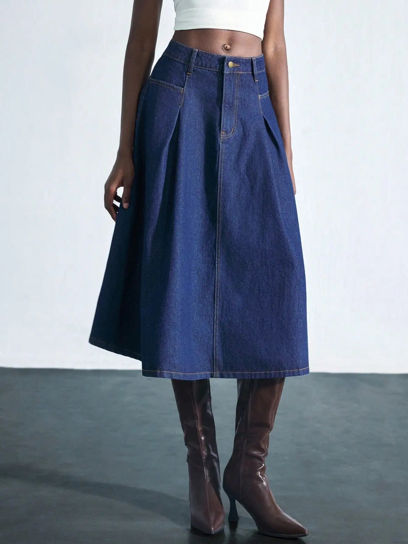 Women's Blue Denim A-Line Midi Skirt with Pocket, Low Waist, 90% Cotton