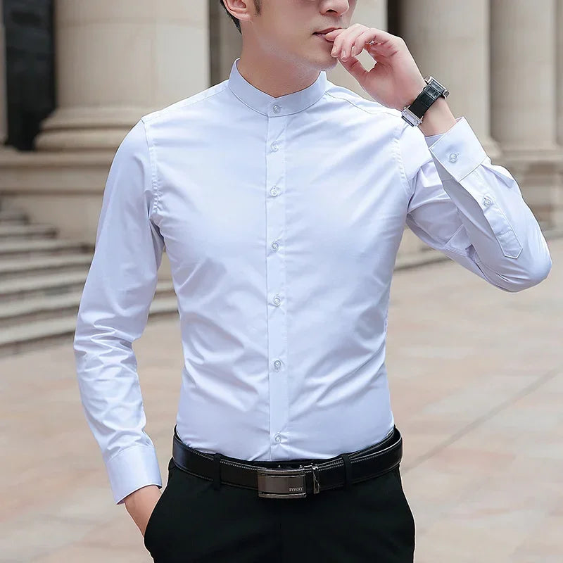 Browon Mens Business Cotton Shirt With Stand Collar Slim Fit