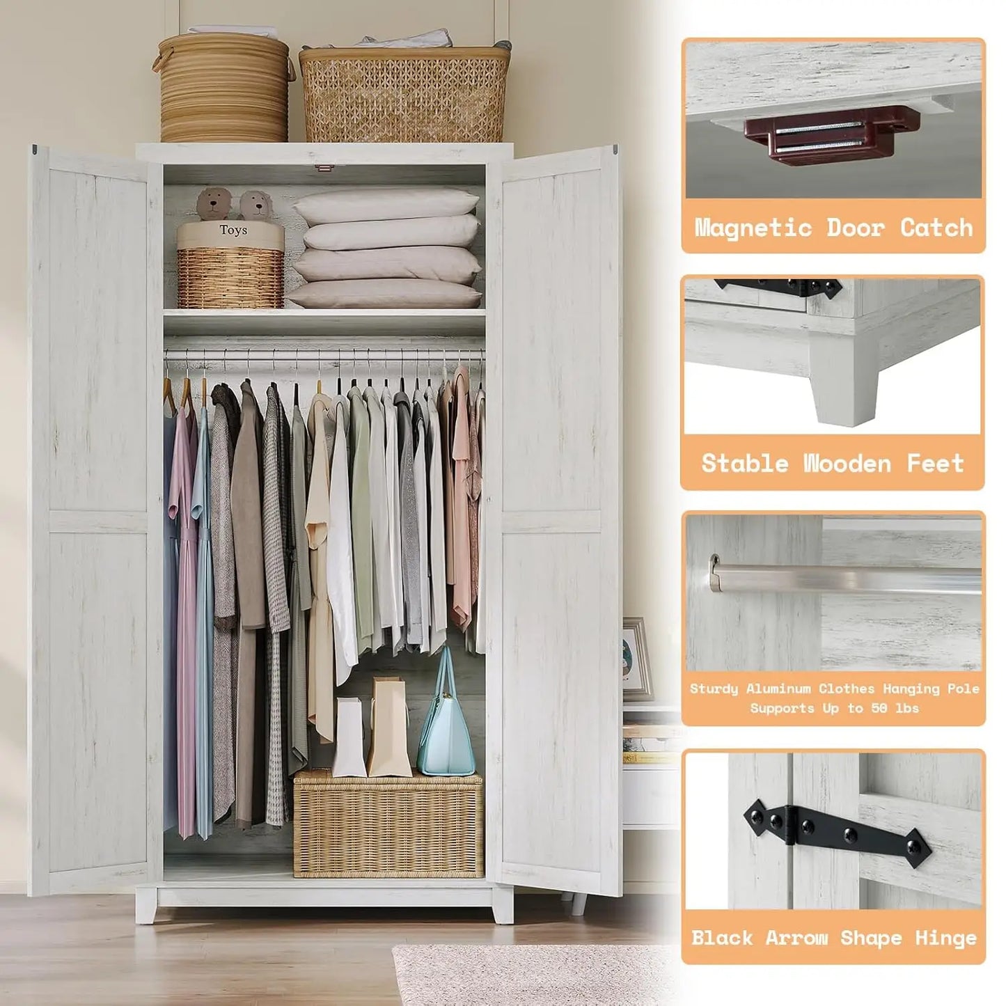 Farmhouse Armoire Closet 71in Barn Doors Cabinet Rod & Shelf Bedroom Storage White Custom