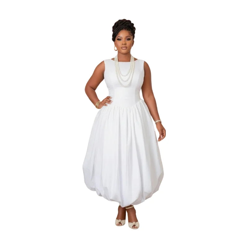 Women Sleeveless Round Neck Midi Dress With Bubble Hem For Wedding Guest Formal Evening And Banquet Occasion