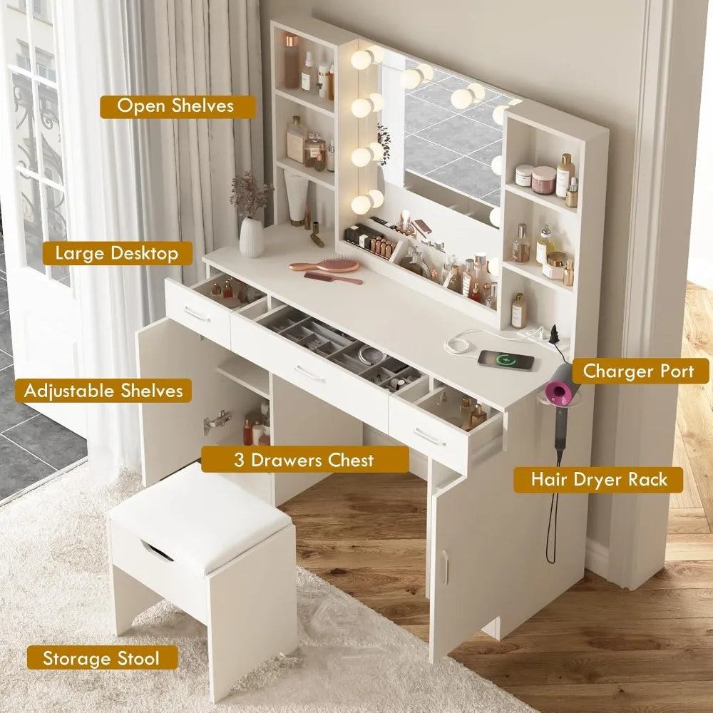 Makeup Vanity Table with Lighted Mirror & Power Strip, Large Vanity Set Vanity Desk with Storage Stool, 3 Lighting, Customized