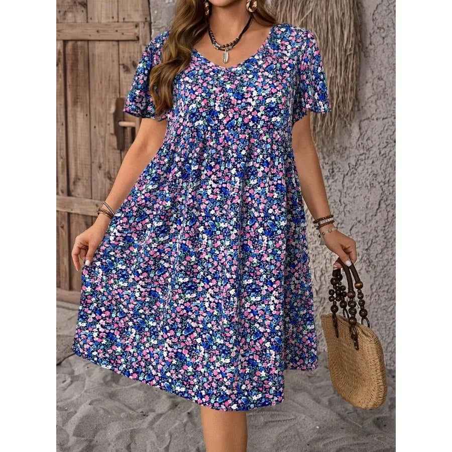 Ditsy Floral Round Neck Short Sleeve Ruffle Dress For Women