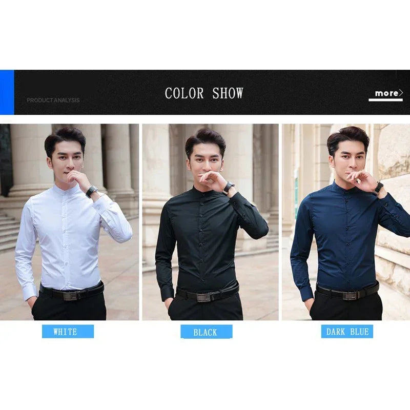 Browon Mens Business Cotton Shirt With Stand Collar Slim Fit