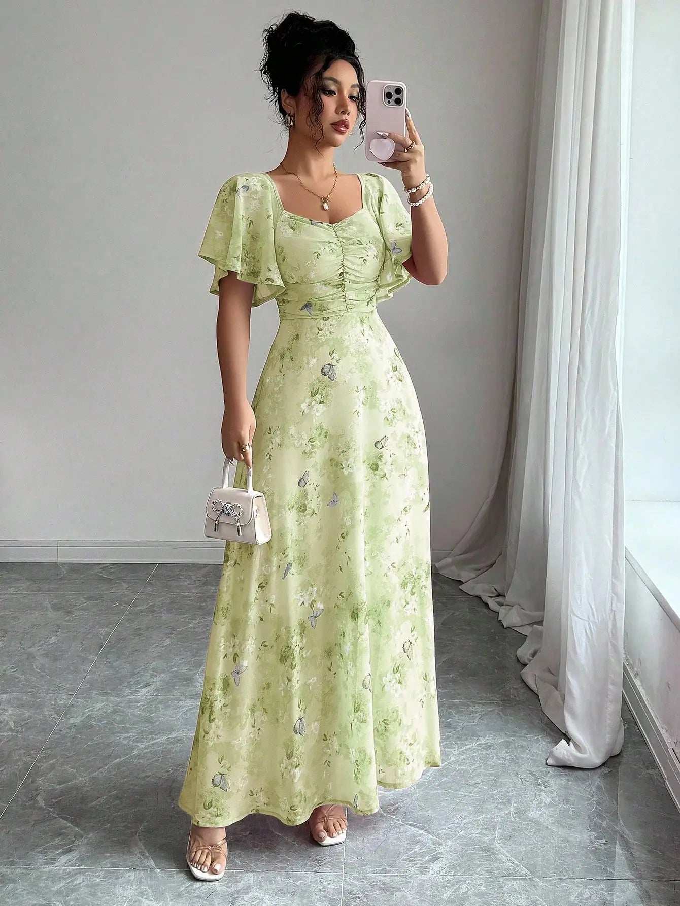Women's Chiffon Butterfly Print Ruched Square Neck Batwing Sleeve Maxi Dress