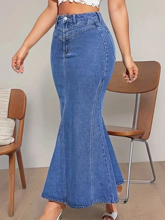 Ladies Retro Fashion Denim Fishtail Skirt, Slim Fit, Mid-Waist, Elastic, Stylish Denim Half Skirt