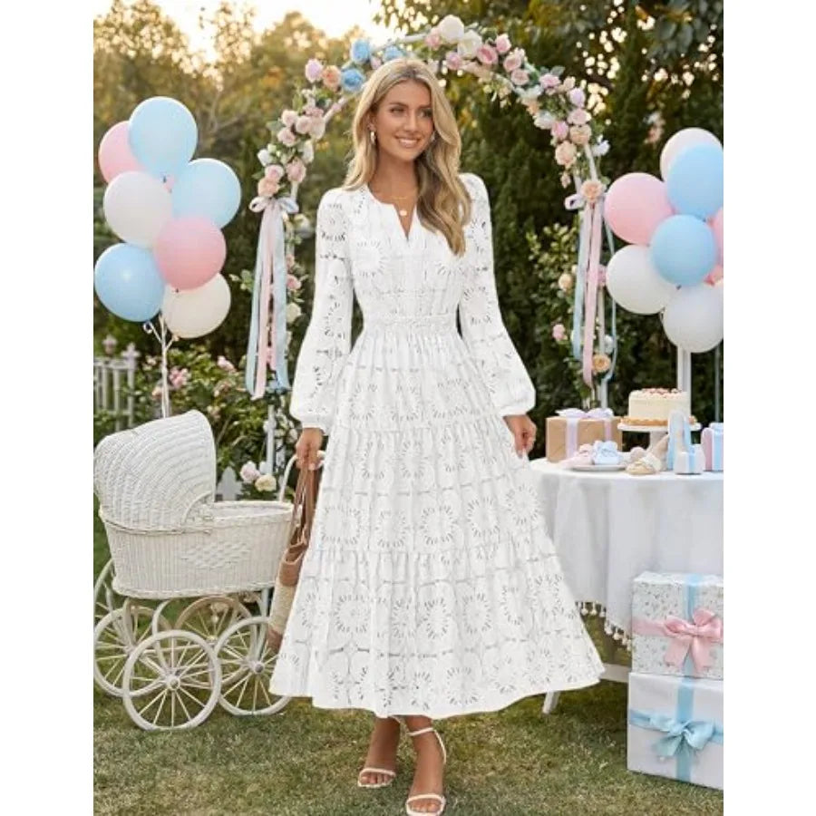 MEROKEETY Women's Fall Long Sleeve Floral Maxi Dress Lace Eyelet Hollow Out Tiered Boho Wedding Guest Dresses Pockets