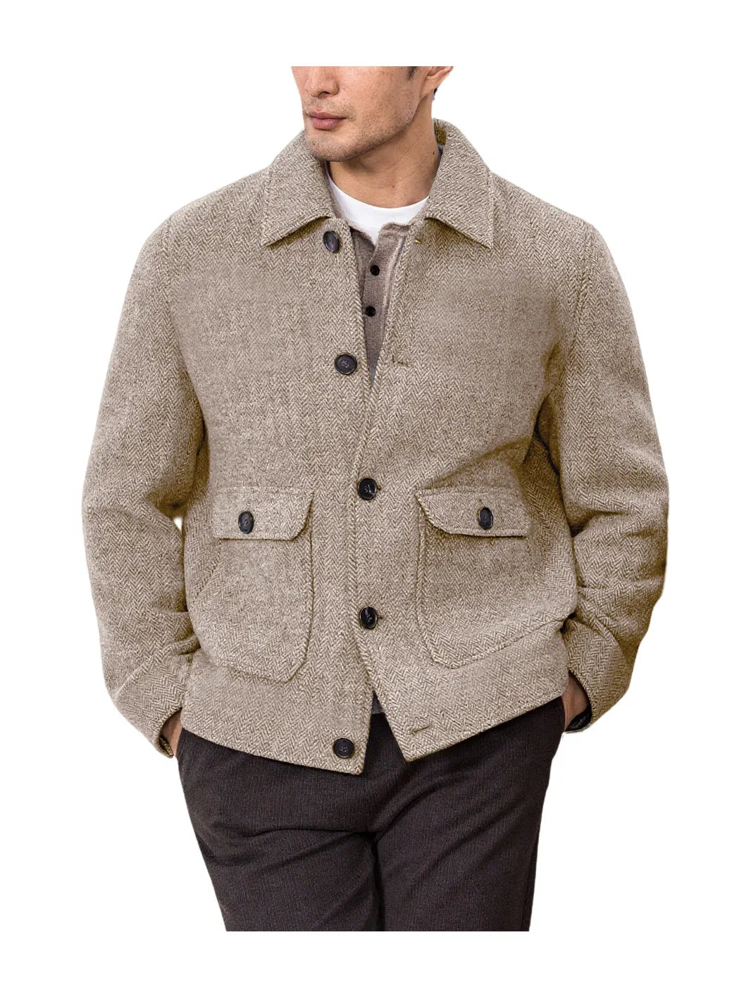 Men Vintage Herringbone Short Lapel Button Jacket Casual Outerwear For Daily Commute Weekend Dating Coffee Street Trip Gathering