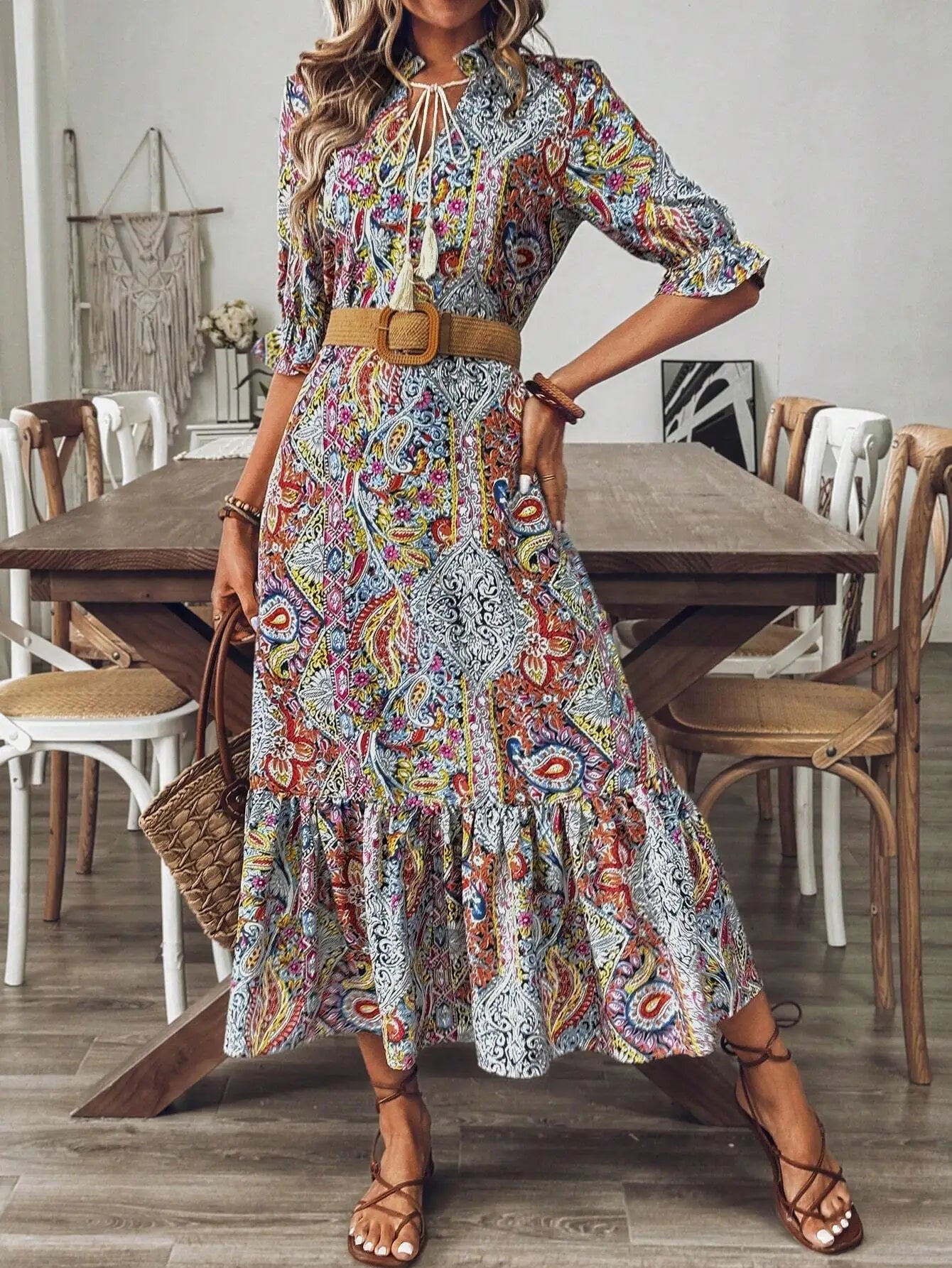 Bohemian Printed Mid-Sleeve Dress With Tassel Tie Neck Ruffle Hem Loose Maxi Dress