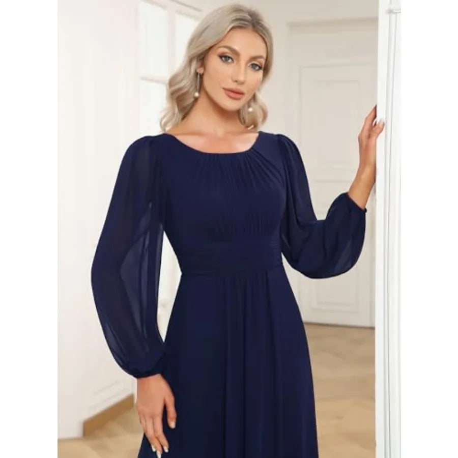 Ever-Pretty Women's Crewneck Long Lantern Sleeves Floor Length A-Line Pleated Chiffon Formal Dress 0B