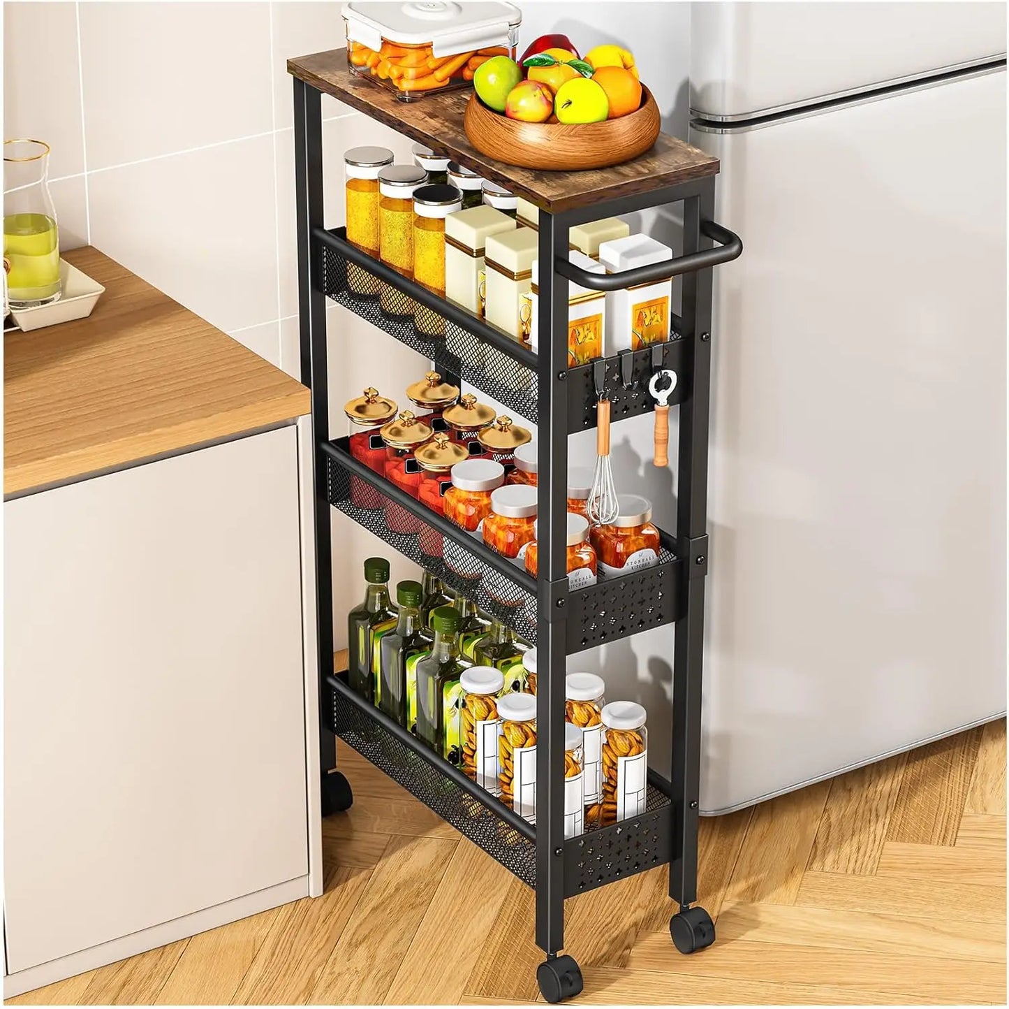 Slim Storage Cart With Wheels, 4 Tier Small Rolling Cart With Wood Top, Metal Kitchen Bathroom Laundry Room Organization