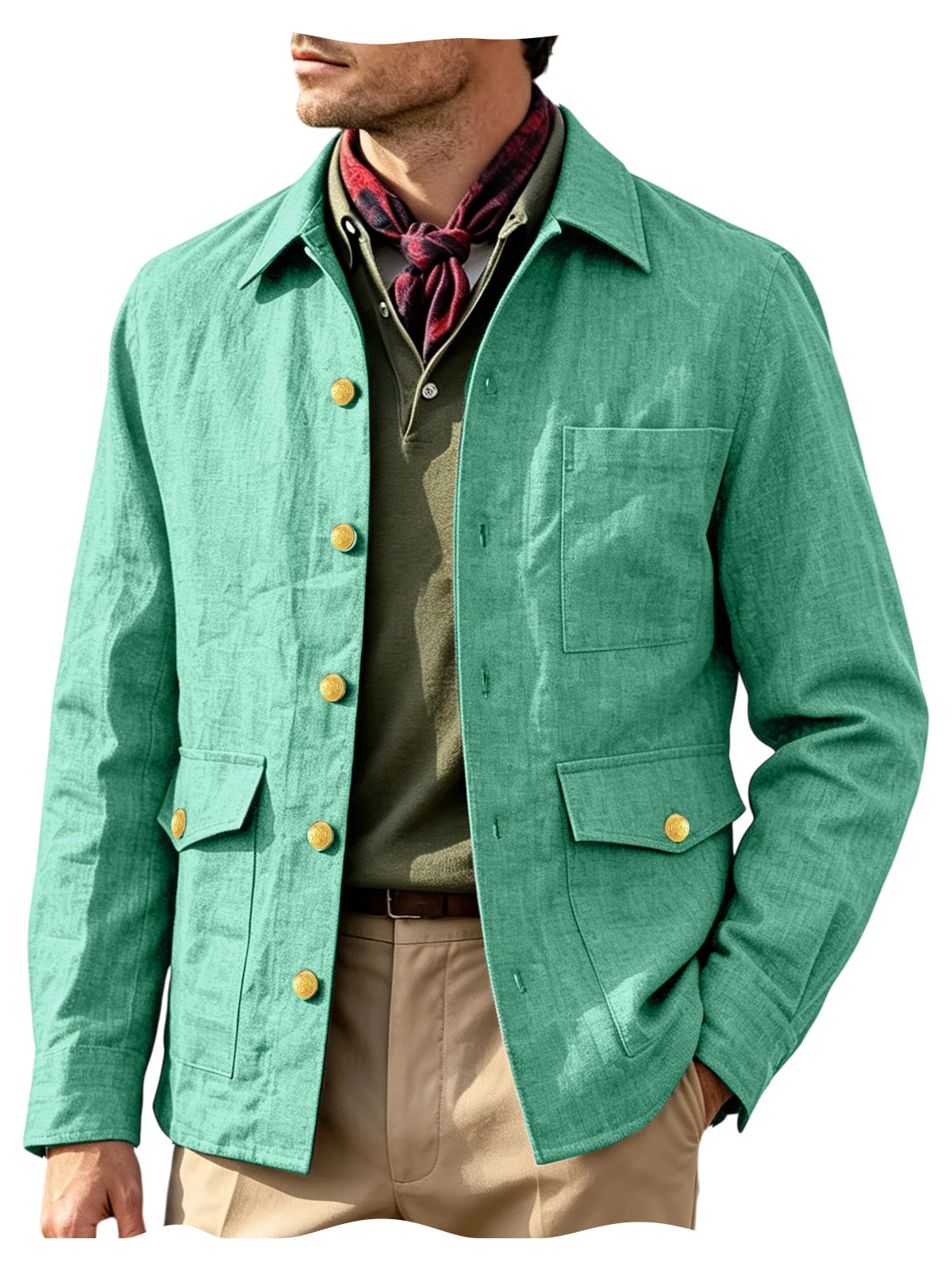 Mens Vintage Linen Jacket With Breathable Gold Button Lapel Design