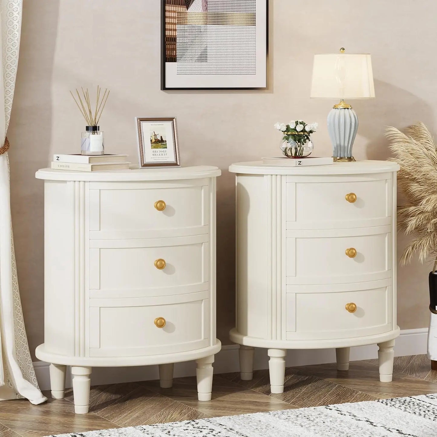 Nightstand with 3 Drawers, Oval Bed Side Table for Bedroom, Fully Assembled, Farmhouse Night Stand with Storage, Customized