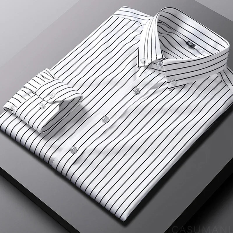 BROWON Brand 2026 Spring Tuxedo Shirt Men Long Sleeve Button Collar Wedding Party Striped Shirt for Man Plus Size 5XL
