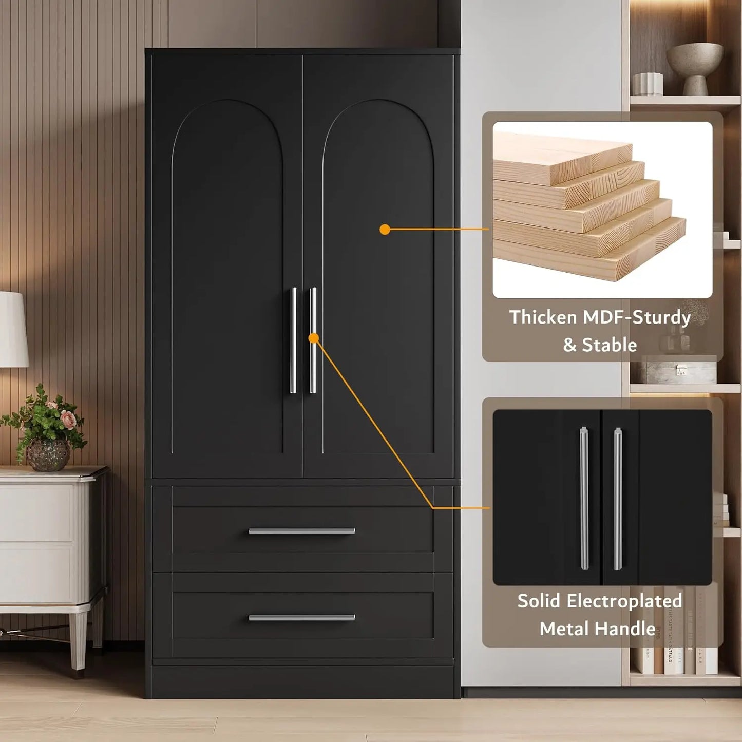 Wooden Armoire Wardrobe Closet with 2 Drawers, Clothing Storage Cabinet with Shelves Aluminum Hanging Rod, Wardrobe, Customized
