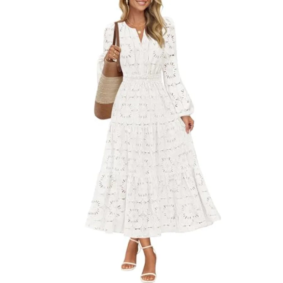 MEROKEETY Women's Fall Long Sleeve Floral Maxi Dress Lace Eyelet Hollow Out Tiered Boho Wedding Guest Dresses Pockets