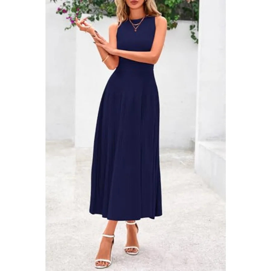 PRETTYGARDEN Spring Casual Dresses for Women 2026 Summer Business Work Midi Sleeveless A Line Pleated Cocktail Dress