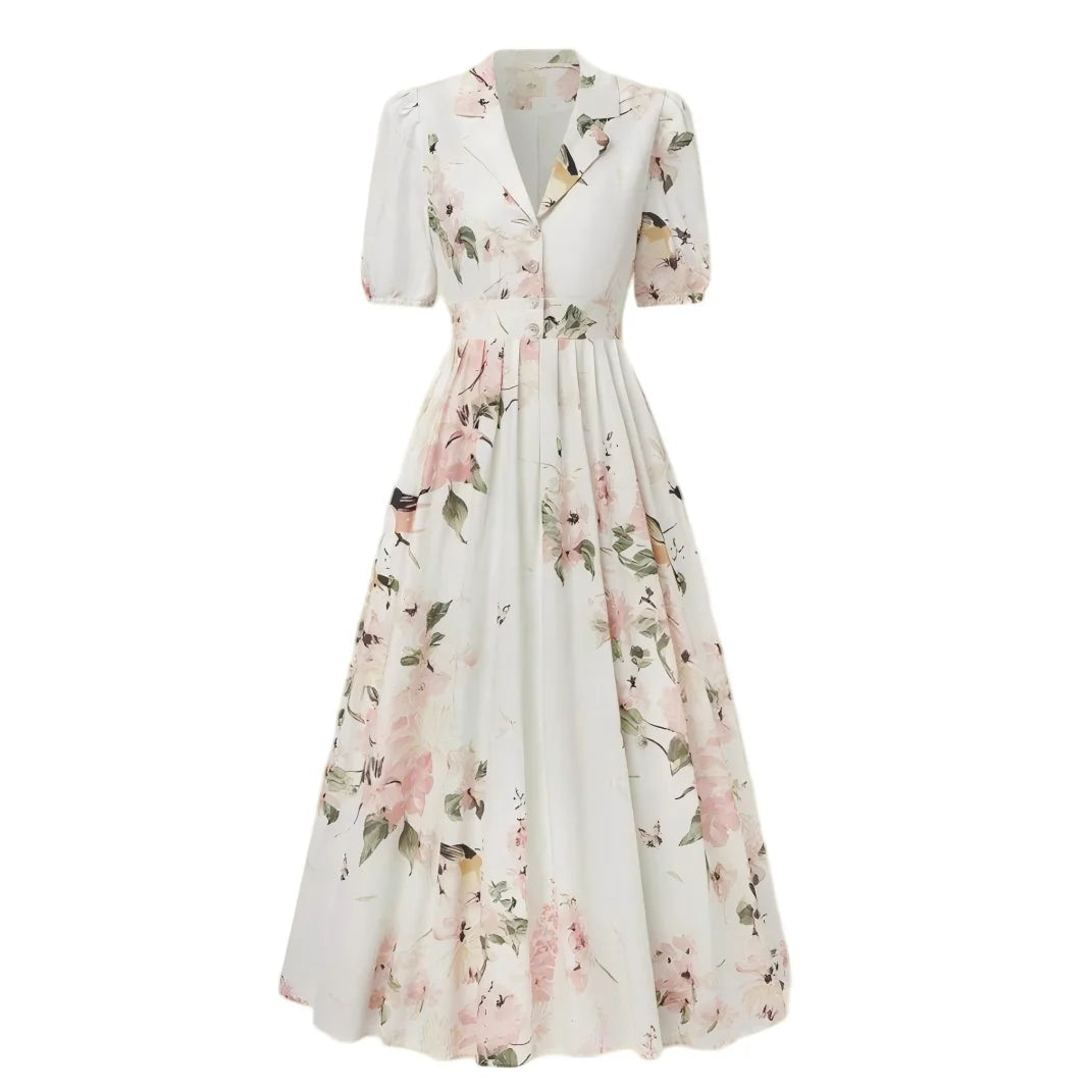 Romantic Style Women Summer Lapel Short Sleeve Floral Print Belted Pleated Maxi Dress