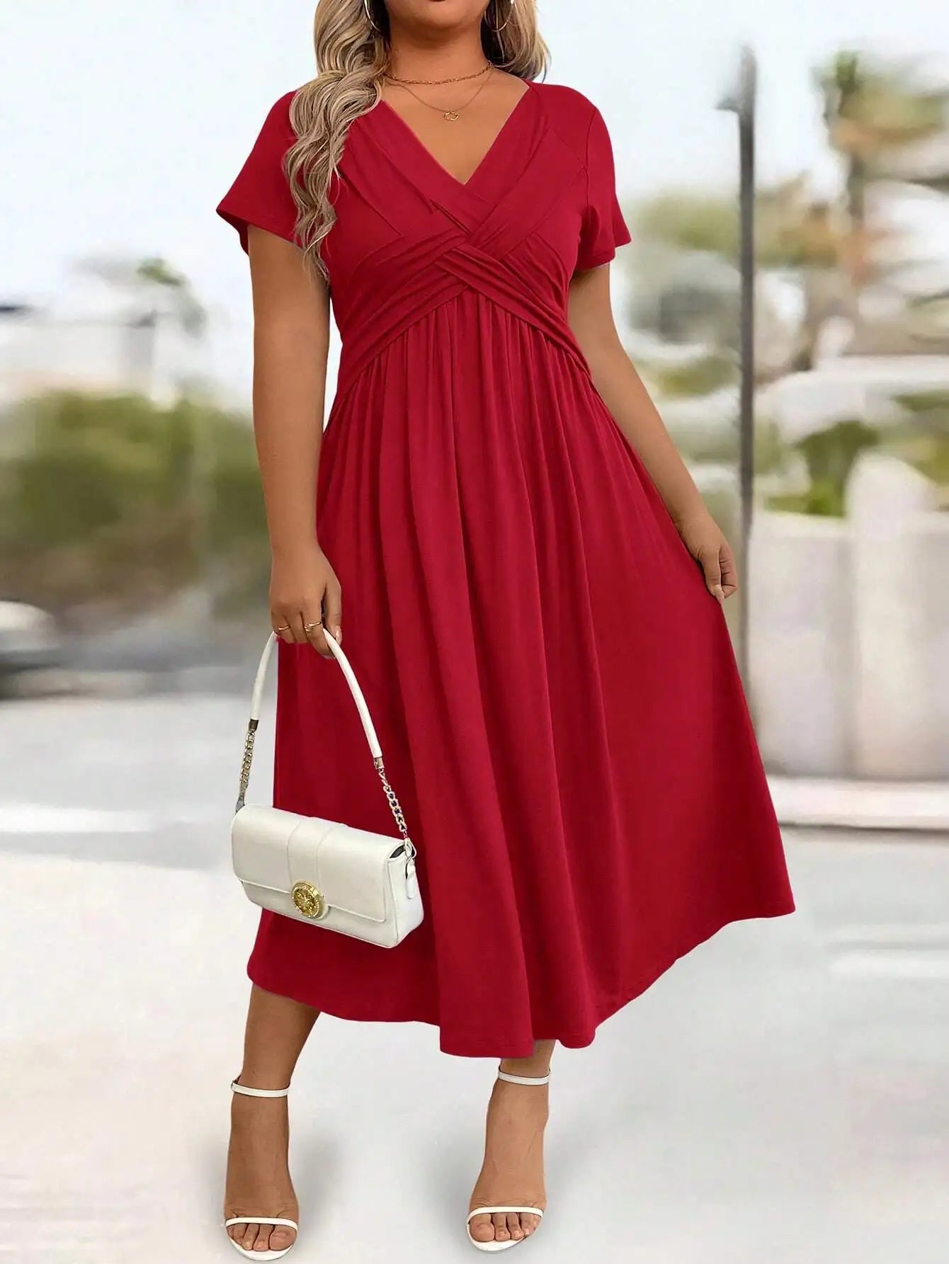 Casual Solid Color Twist Front A-Line Midi Dress For Women