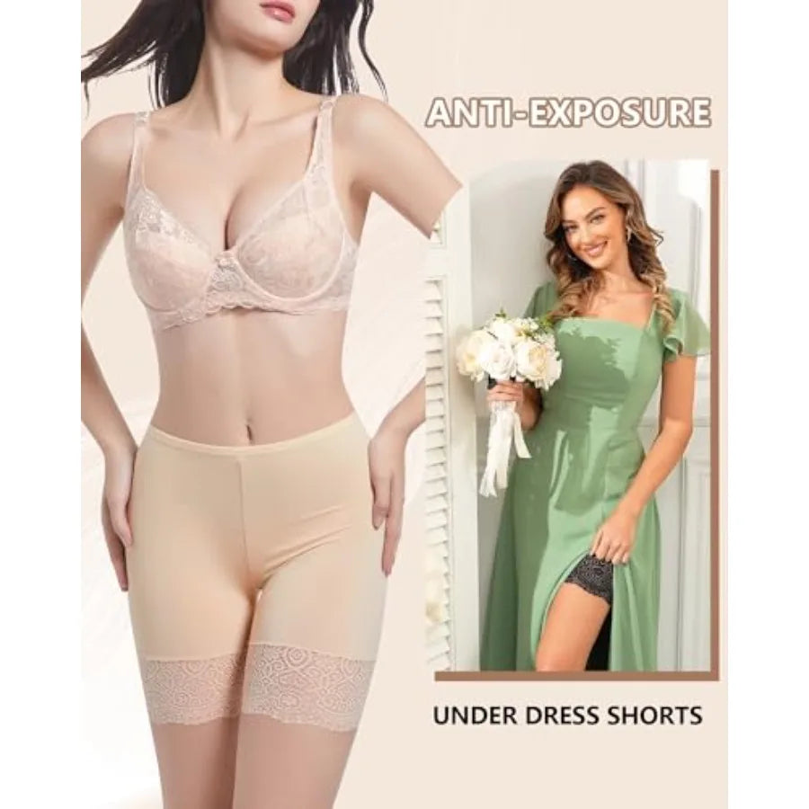 Women's Cooling Slip Shorts for Under Dresses Anti Chafing Shorts - 4-Way Stretch Nylon, Stay-Put Lace, Thin Waist