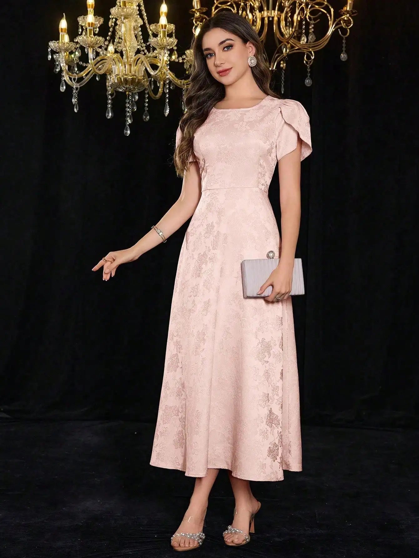 Elegant Round Neck Puff Sleeve Jacquard Floral Dress