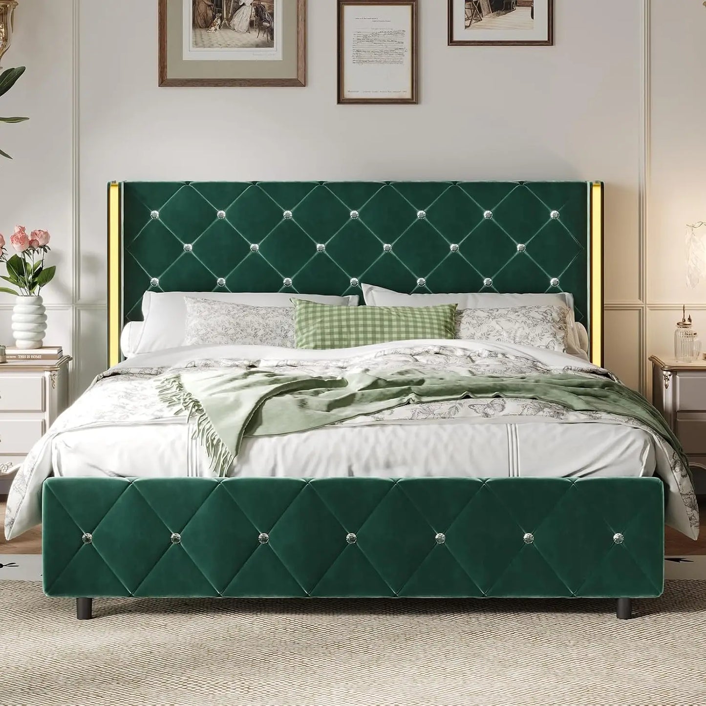 Queen Bed Frame with Headboard, Upholstered Queen Size Bed Frame with Diamond Tufted Wingback Headboard, Faux, Customized