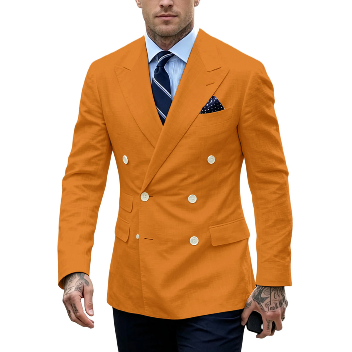Men's Double Breasted Blazer Slim Fit Linen Suit Jacket Formal Business Casual Tuxedo for Wedding Prom Office Party Daily Wear