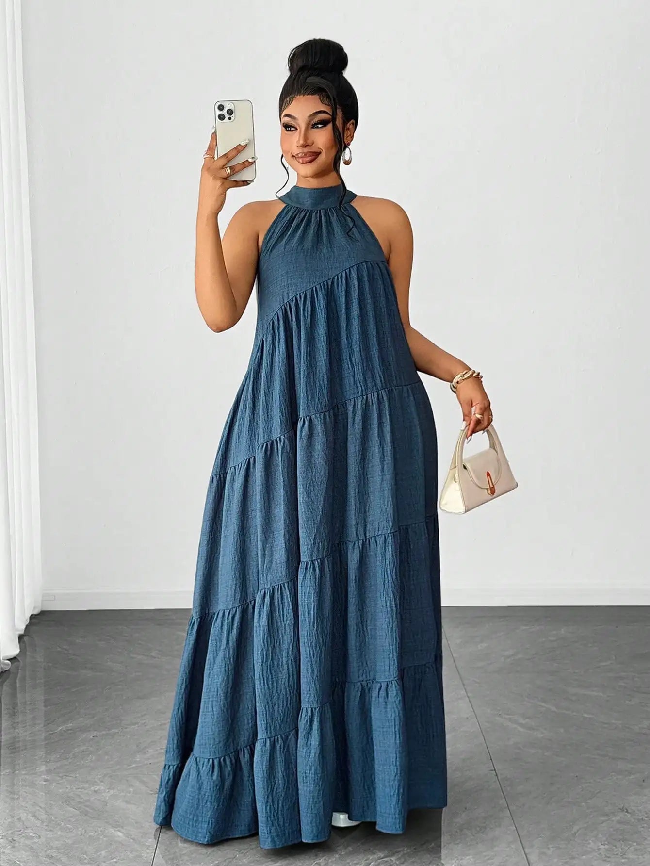 Plus Size Solid Color Halter Neck Tiered Ruched Casual Maxi Dress