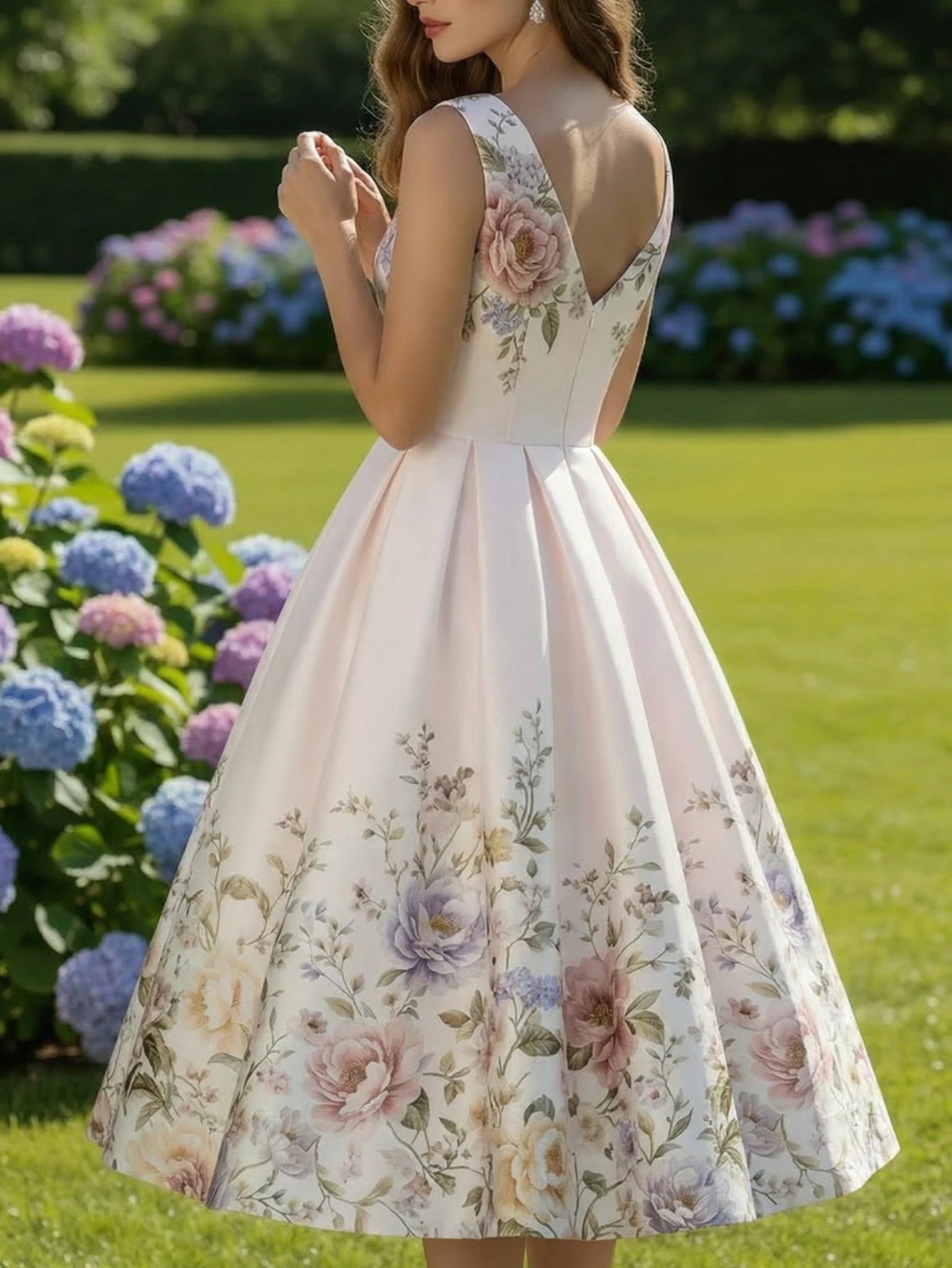 Women's V Neck Sleeveless All Over Floral Print Pleated Swing Midi Dress For Wedding Guest Garden Party Dinner Daily Fashion Occasions