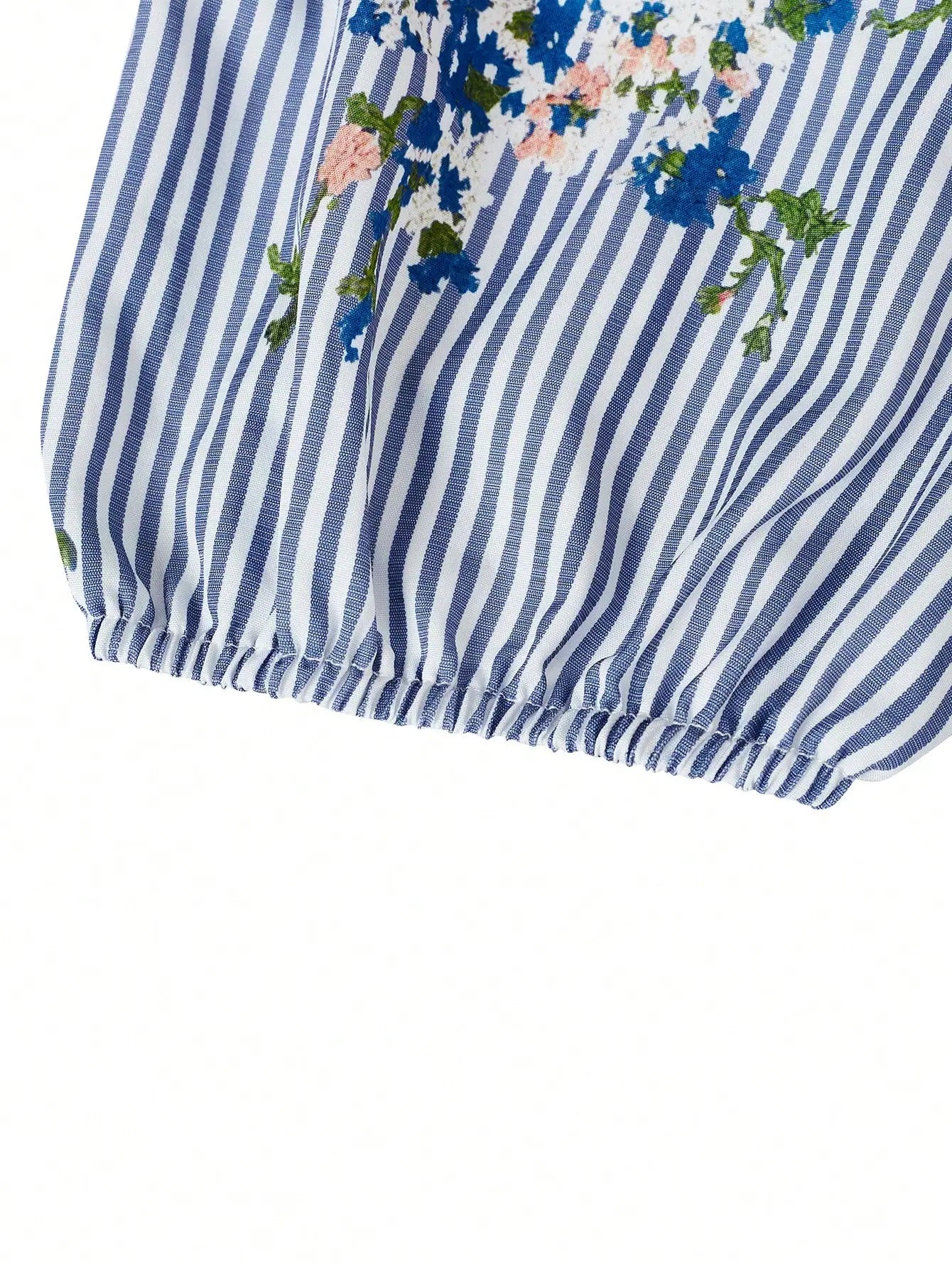 Women's Striped Floral Embroidered Midi Dress With Collar Puff Sleeves Tie-Up Waist
