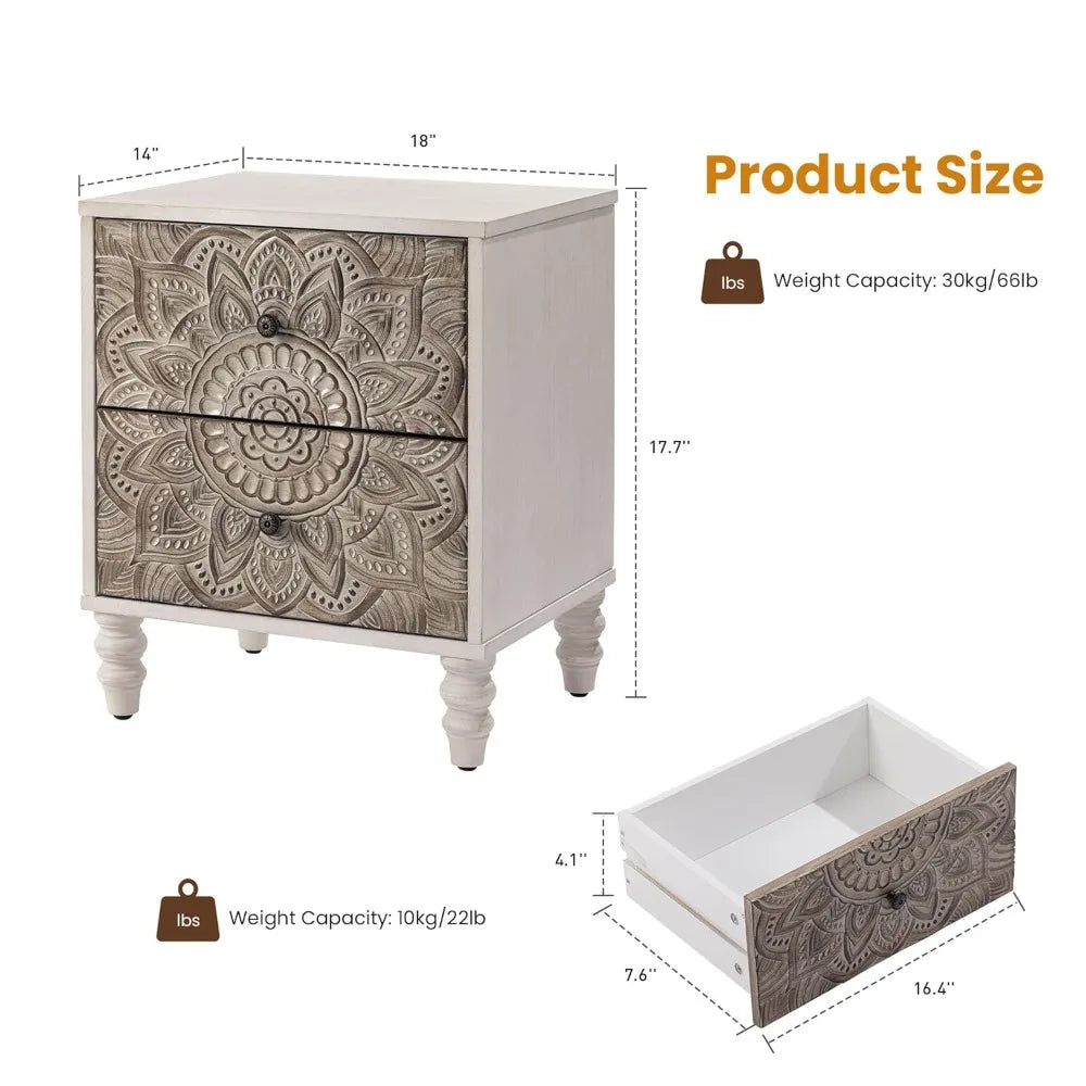 White Nightstand with 2 Drawers, Lotus Flower Carved Wood Bedside Table, Small Nightstand Side Table, Easy Assembly, Customized